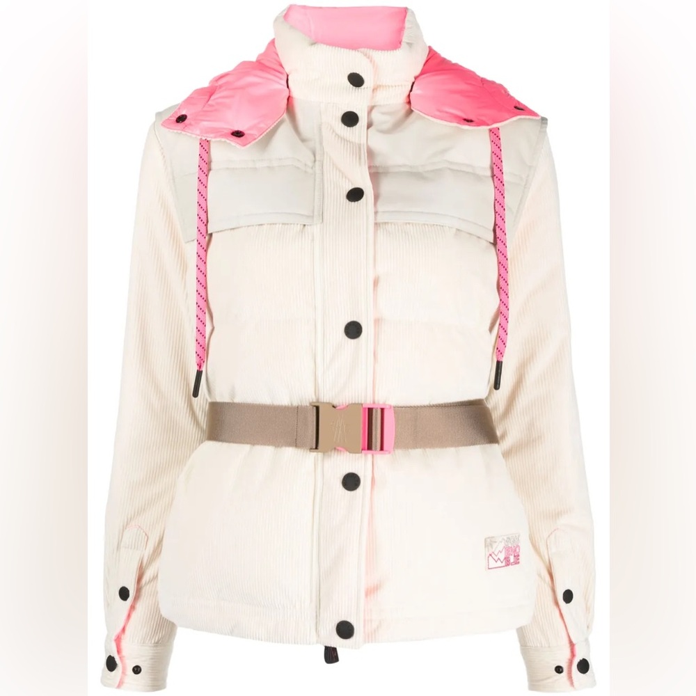 Moncler Tetras Ivory Pink Off-White Corduroy Down Puffer Ski Jacket Belt Vest 0